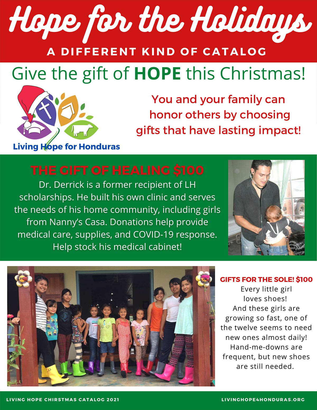 Page 1 of the Living Hope for Honduras Christmas Catalog, which outlines various levels of gifts that donors can contribute.